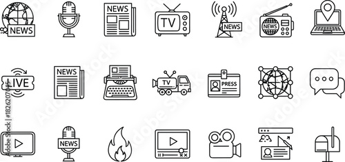 Collection of line art icons representing news and media concepts journalism broadcast
