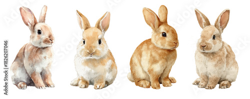 Cute watercolor rabbit set with Easter bunnies, farm animals. Perfect for nursery cards, baby illustrations, and spring design projects with adorable characters.