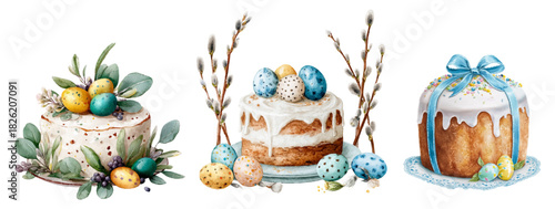 Watercolor set of Easter cakes and pastries. Sweet pastry with cream decorated with bow and willow branches with Easter eggs. Festive cupcakes decorated with bow. Happy Easter. Vector illustration.