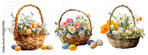 Watercolor set of wicker baskets with flowers and Easter eggs. Baskets with tulips, daffodils and wildflowers. Spring hand drawn illustration. Elements for Easter cards, spring invitations.