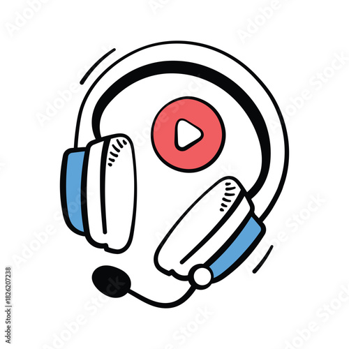 Headset with play button, doodle icon of elearning, audio lesson, virtual class