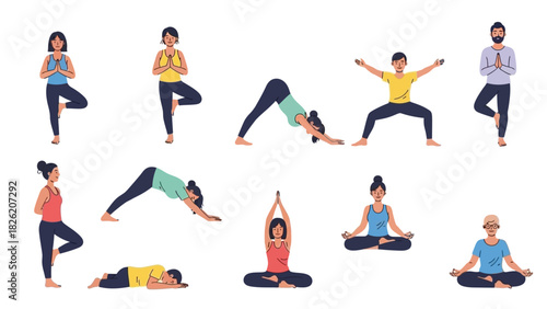 A collection of diverse people practicing various yoga poses. Set of flat character vector illustrations for fitness and wellness