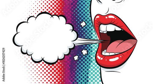 Close-up of a woman's open mouth with red lipstick and a speech bubble, illustrated in a comic book style.