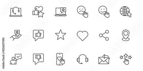 Feedback, rating outline icon set. customer experience and review linear icons collection. Review icon set. Containing Feedback, testimonial, ratings, comment, like, satisfaction, evaluation, survey.