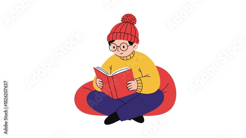 Cozy cartoon illustration of a young student with glasses and a winter hat, comfortably reading a book on a beanbag chair