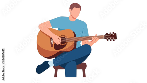 Man Playing Acoustic Guitar Sitting on a Stool Illustration