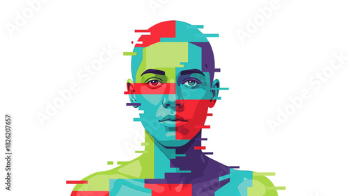 Digital Glitch Art Portrait of a Woman with Colorful Pixels.
