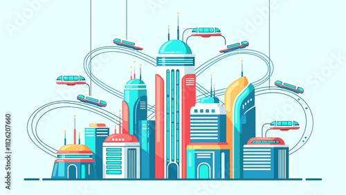 Futuristic Cityscape with Modern Buildings and Advanced Transportation System.