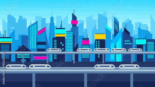 Futuristic Cityscape with Elevated Train System and Modern Architecture.