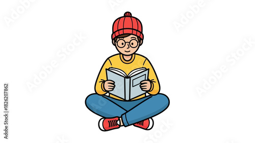 Illustration of a Person in Cross-Legged Position Reading a Book