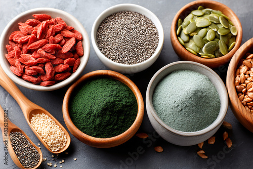 Healthy superfoods arranged in bowls on a gray surface for wellness Generative AI