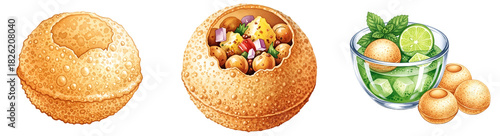 Wallpaper Mural Three illustrations of pani puri and a glass with mint and lime on a plain presentation on transparent background Torontodigital.ca