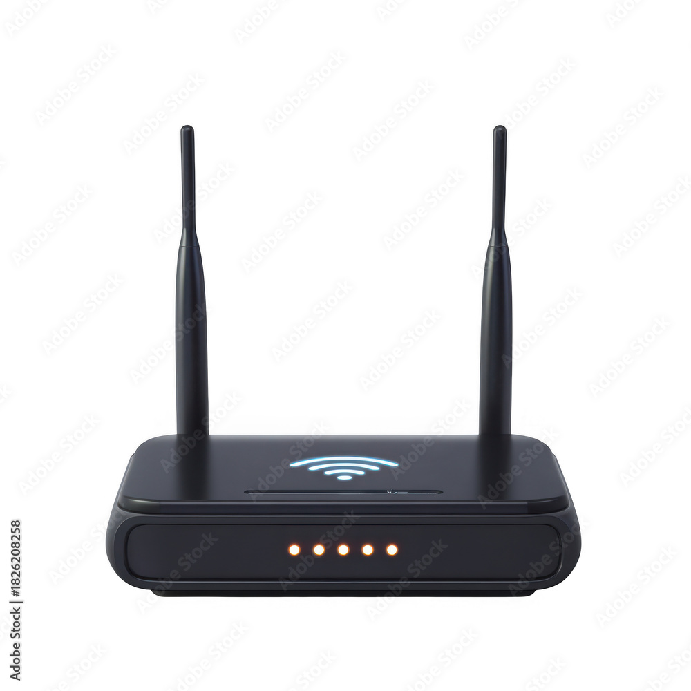 Fototapeta premium Modern wireless router with two antennas and led lights isolated on transparent background