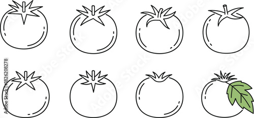 Eight simple line art illustrations of tomatoes with one tomato featuring a green leaf