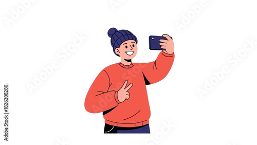 Man taking a selfie, wearing a beanie, smiling with a peace sign, vector illustration