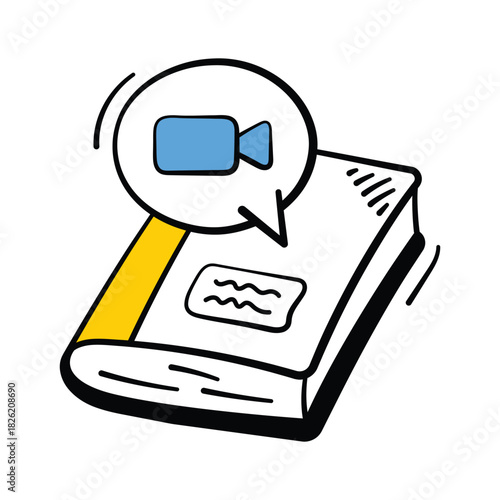 Hand drawn icon of a book with a video symbol representing digital lessons