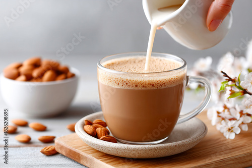 Pouring almond milk into coffee in a cozy kitchen setting with floral accents Generative AI