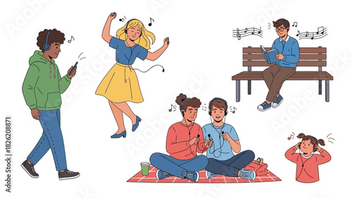 Diverse Illustrative Collection of Individuals and Couples Enjoying Personal Music Experiences with Headphones and Earbuds