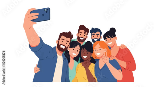 Diverse group of friends smiling and taking a selfie with a smartphone, capturing happy moments together