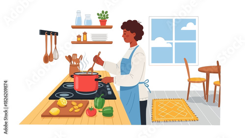 Illustration of a Black woman enjoying home cooking, preparing a healthy meal with fresh vegetables in a cozy kitchen
