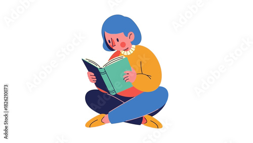 Illustration of a Person Reading a Book with a Colorful Outfit and Crossed Legs on White