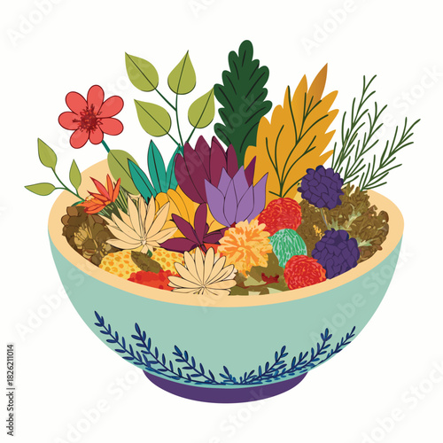 a beautifully arranged photo featuring a ceramic bowl filled with colorful dried flowers and herbs on white background
