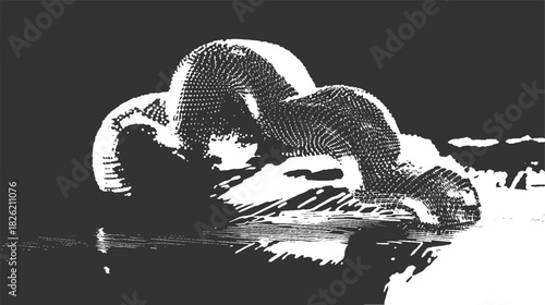 Abstract textured black and white snake coiled on a patterned surface reptile