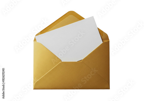 Open gold envelope containing a plain white card, perfect for invitations, holiday greetings, or luxury correspondence on a clean backdrop on transparent background