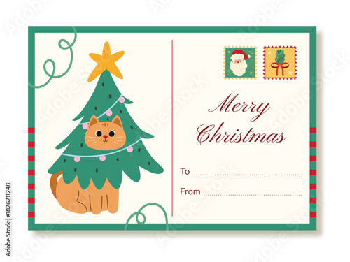 Christmas Postcard Cat Tree Illustration