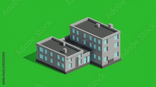 Isometric illustration of two connected gray buildings with windows on green background.