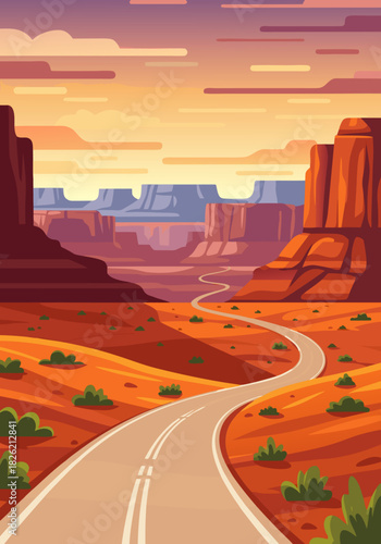 Winding desert road amidst towering red rock canyons at sunset. Vibrant vector art capturing natural beauty, adventure, and serene arid landscapes