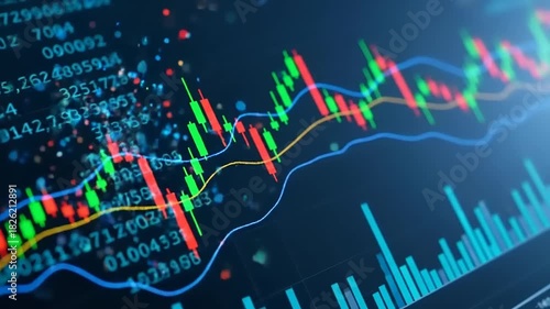 Stock Market Trading Chart with Candlestick and Line Graphs Displaying Financial Data and Investment Trends.