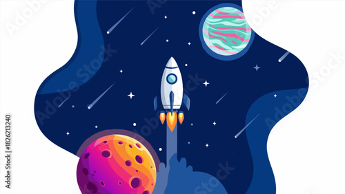 Vibrant flat illustration of a spaceship adventure through the universe, exploring new planets and galaxies, editable d
