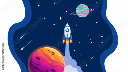 Animated illustration of a space rocket launching from a vibrant alien planet into a star-filled galaxy, showcasing cosmic exploration and future journey