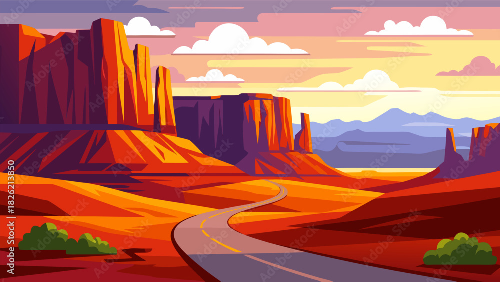 Naklejka premium Vast desert landscape illustration featuring a winding road leading through majestic red rock formations under a colorful sky at sunrise or sunset