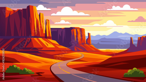 Vast desert landscape illustration featuring a winding road leading through majestic red rock formations under a colorful sky at sunrise or sunset