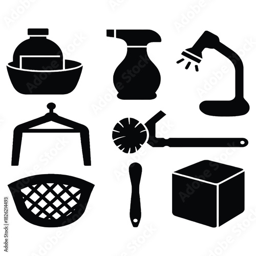 Black vector silhouette illustration set of sewing tools icons
