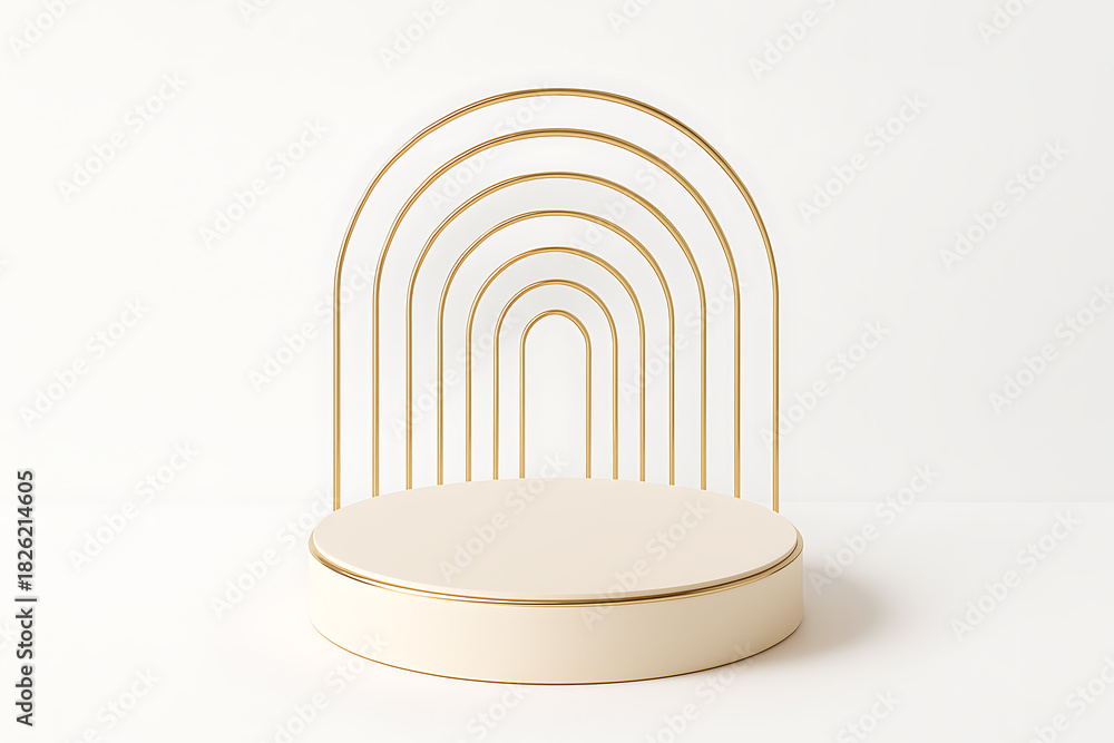 Obraz premium Minimal abstract podium scene with golden metallic arch and round stage platform in elegant white background