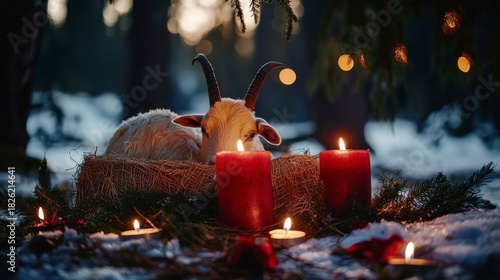 Cozy Winter Scene with Goat and Candlelight in Snowy Forest