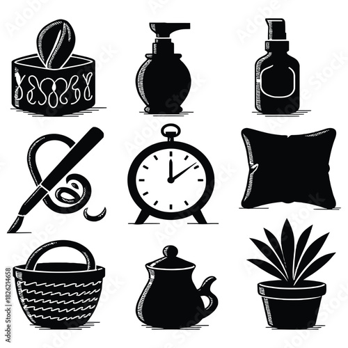 A vector set of spa icons and symbols with kitchen accessories, including a tea cup, spoon, and bottle design illustration