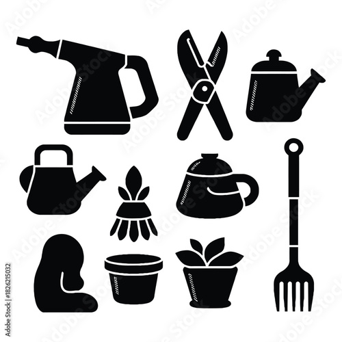 Black vector silhouette icons set of cooking and kitchen tools for a chef
