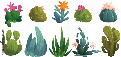 set of Cute cactuses desert plants