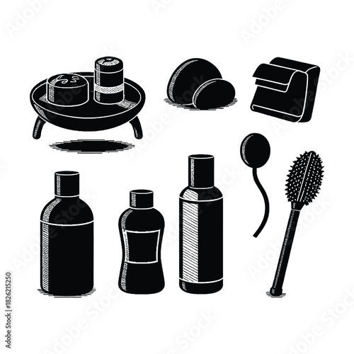 Vector icon set of cosmetic brushes, oil vials, and beauty supplies isolated on white