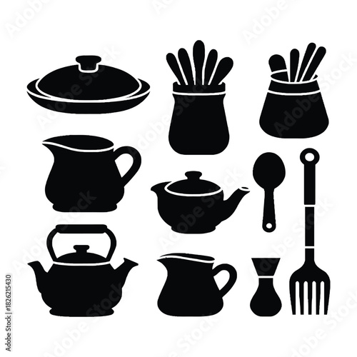 Kitchen utensils set with cooking icons, food, cup, coffee, tea, and pot silhouette illustration