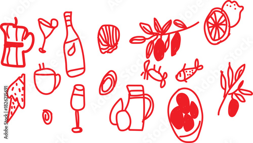 Sketch of wine and food arrangement for restaurant menu or invitation