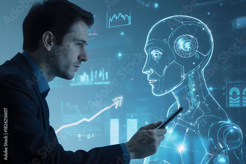 Man interacting with futuristic holographic AI interface, exploring data insights