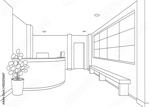 Modern Office Reception Area Design with Curved Counter and Large Window Line Art Illustration