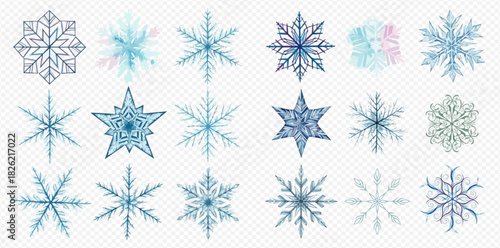A collection of various intricate blue and white snowflake designs, perfect for winter and holiday themes.