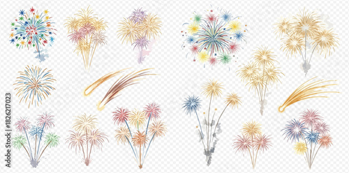 A collection of colorful fireworks and sparkler illustrations on a transparent background for festive events.