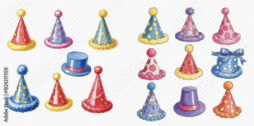 Collection of colorful party hats and top hats with polka dots and stripes, perfect for celebrations and birthdays.